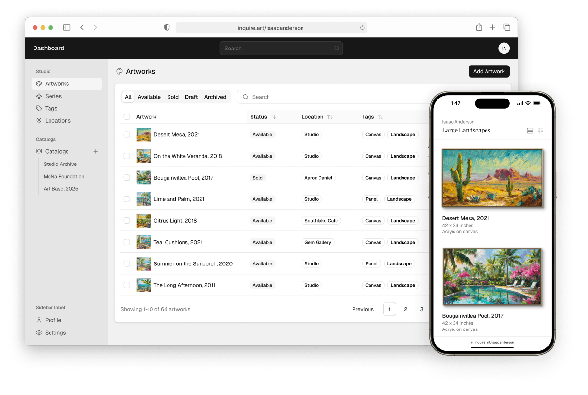 Inquire — art management dashboard on desktop and mobile