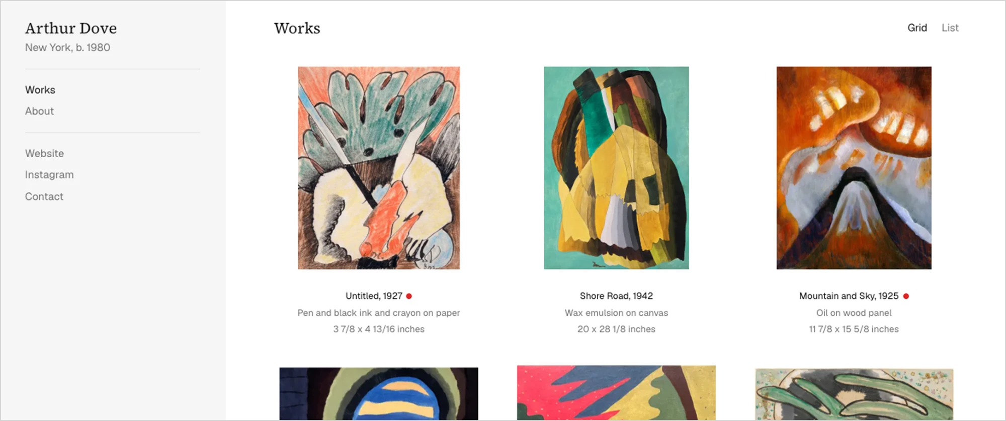 Inquire — an artist's public portfolio showing a grid of works