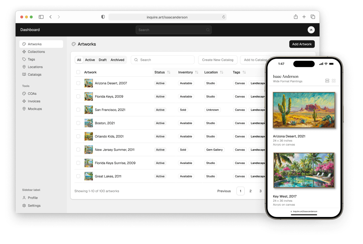 Inquire — modern art catalog dashboard